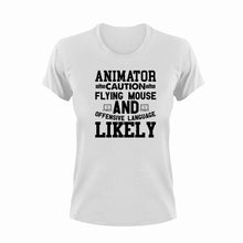 Load image into Gallery viewer, Animator Caution Flying Mouse Funny T-Shirtanimation, animator, caution, Caution Flying Items and Offensive Language, computer mouse, funny, Ladies, Mens, Unisex