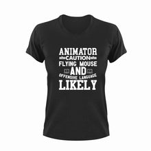 Load image into Gallery viewer, Animator Caution Flying Mouse Funny T-Shirtanimation, animator, caution, Caution Flying Items and Offensive Language, computer mouse, funny, Ladies, Mens, Unisex