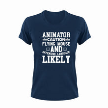 Load image into Gallery viewer, Animator Caution Flying Mouse Funny T-Shirtanimation, animator, caution, Caution Flying Items and Offensive Language, computer mouse, funny, Ladies, Mens, Unisex