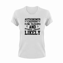 Load image into Gallery viewer, Astronomer Caution Flying Telescopes Funny T-Shirtastronomer, astronomy, caution, Caution Flying Items and Offensive Language, funny, Ladies, Mens, telescope, Unisex