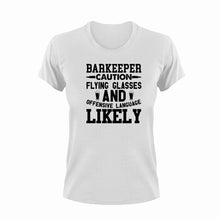 Load image into Gallery viewer, Barkeeper Caution Flying Glasses Funny T-Shirtalcohol, Bar, Barkeeper, caution, Caution Flying Items and Offensive Language, funny, glasses, Ladies, Mens, Unisex