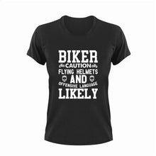 Load image into Gallery viewer, Biker Caution Flying Helmets Funny T-Shirtbike, biker, caution, Caution Flying Items and Offensive Language, funny, helmets, Ladies, Mens, motorcycles, Unisex