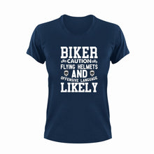 Load image into Gallery viewer, Biker Caution Flying Helmets Funny T-Shirtbike, biker, caution, Caution Flying Items and Offensive Language, funny, helmets, Ladies, Mens, motorcycles, Unisex