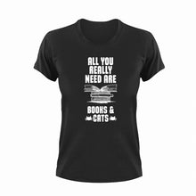 Load image into Gallery viewer, All you really need are books and cats T-Shirtbig books, books, cat, Ladies, Mens, Unisex