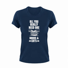Load image into Gallery viewer, All you really need are books and cats T-Shirtbig books, books, cat, Ladies, Mens, Unisex