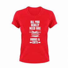 Load image into Gallery viewer, All you really need are books and cats T-Shirtbig books, books, cat, Ladies, Mens, Unisex