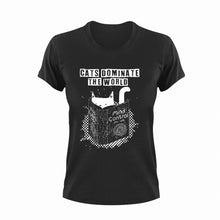 Load image into Gallery viewer, Cats Dominate The World Cute T-Shirtbooks, cat, cat mom, cute, funny, Ladies, Mens, pets, read, reading, Unisex