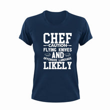 Load image into Gallery viewer, Chef Caution Flying Knives Funny T-Shirtcaution, Caution Flying Items and Offensive Language, chef, funny, knife, Ladies, Mens, Unisex