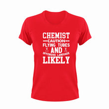 Load image into Gallery viewer, Chemist Caution Flying Tubes Funny T-Shirtcaution, Caution Flying Items and Offensive Language, Chemist, chemistry, funny, Ladies, Mens, test tubes, Unisex