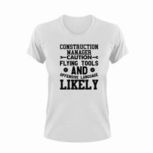 Load image into Gallery viewer, Construction Manager Caution Flying Tools Funny T-Shirtcaution, Caution Flying Items and Offensive Language, construction, construction manager, Construction Site, funny, Ladies, Mens, tools, Unisex