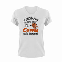 Load image into Gallery viewer, A good day starts with coffee and a dachshund T-Shirtanimals, coffee, dog, Ladies, Mens, pets, Unisex
