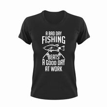Load image into Gallery viewer, A bad day fishing beats a good day at work T-Shirtdad, Dad Jokes, fatherhood, Fathers day, fishing, Ladies, Mens, Unisex, working