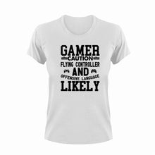 Load image into Gallery viewer, Gamer Caution Flying Controller Funny T-Shirtcaution, Caution Flying Items and Offensive Language, controller, funny, gamer, games, Ladies, Mens, Unisex, videogames