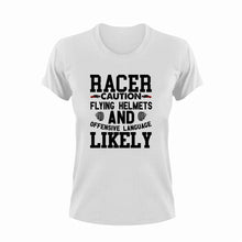 Load image into Gallery viewer, Racer Caution Flying Tires Funny T-Shirtcaution, Caution Flying Items and Offensive Language, funny, Ladies, Mens, race, racer, racetrack, racing, tires, Unisex