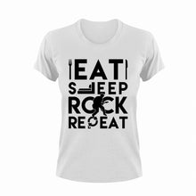 Load image into Gallery viewer, Eat Sleep Rock Repeat T-Shirtguitar, Ladies, Mens, music, musician, rock, rock music, Unisex