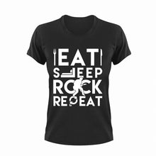 Load image into Gallery viewer, Eat Sleep Rock Repeat T-Shirtguitar, Ladies, Mens, music, musician, rock, rock music, Unisex