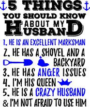 Load image into Gallery viewer, 5 things you should know about my husband T-Shirtcouple, dad, Dad Jokes, fatherhood, Fathers day, Ladies, Mens, Unisex, wife