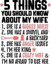 Load image into Gallery viewer, 5 things you should know about my wife T-Shirtcouple, dad, Dad Jokes, fatherhood, Fathers day, Ladies, Mens, Unisex, wife