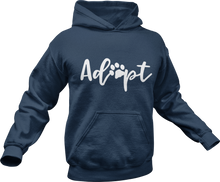Load image into Gallery viewer, Adopt printed on a blue hoodie