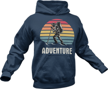 Load image into Gallery viewer, Guy hiking with adventure text printed on a blue hoodie
