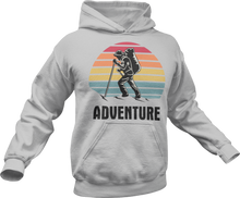 Load image into Gallery viewer, Guy hiking with adventure text printed on a grey hoodie