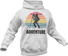 Load image into Gallery viewer, Guy hiking with adventure text printed on a white hoodie
