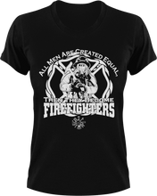 Load image into Gallery viewer, All men are created equal then they become firefighters T-Shirtdad, fatherhood, Fathers day, Firefighter, fireman, Ladies, Mens, Unisex