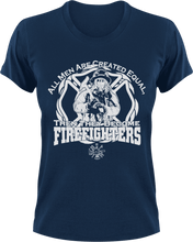 Load image into Gallery viewer, All men are created equal then they become firefighters T-Shirtdad, fatherhood, Fathers day, Firefighter, fireman, Ladies, Mens, Unisex