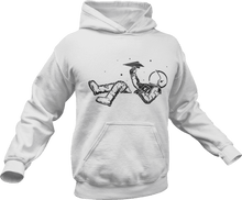Load image into Gallery viewer, Astronaut playing with paper plane while floating in space printed on a white hoodie