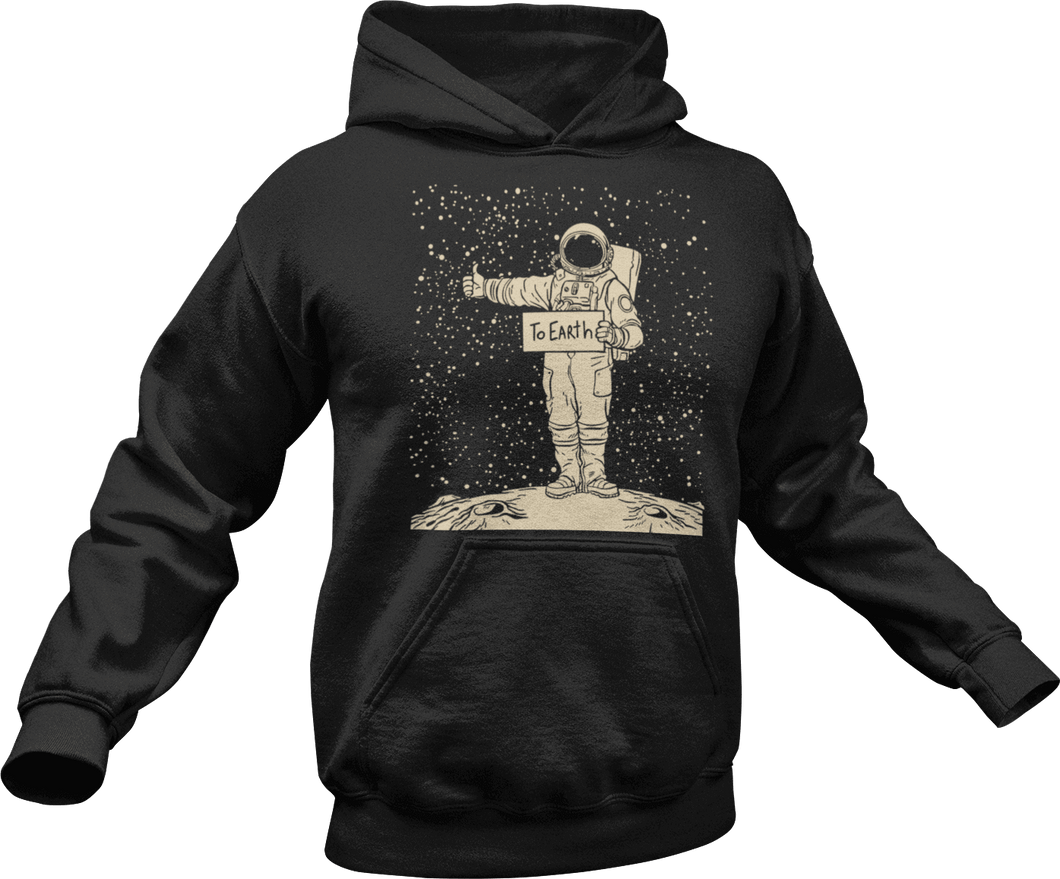 Astronaut hitch hiking in space printed on black hoodie