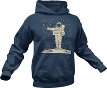 Load image into Gallery viewer, Astronaut hitch hiking in space printed on blue hoodie
