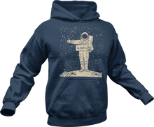 Load image into Gallery viewer, Astronaut hitch hiking in space printed on blue hoodie