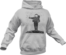 Load image into Gallery viewer, Astronaut hitch hiking in space printed on grey hoodie
