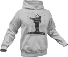 Load image into Gallery viewer, Astronaut hitch hiking in space printed on grey hoodie