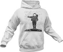 Load image into Gallery viewer, Astronaut hitch hiking in space printed on white hoodie