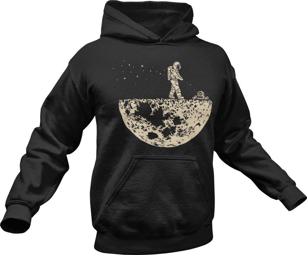 Astronaut mowing the moon printed on a black hoodie
