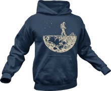 Load image into Gallery viewer, Astronaut mowing the moon printed on a blue hoodie
