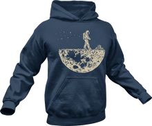 Load image into Gallery viewer, Astronaut mowing the moon printed on a blue hoodie
