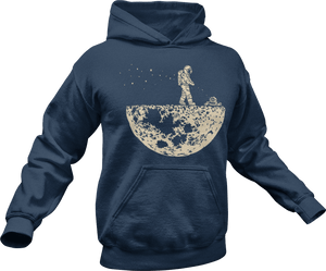 Astronaut mowing the moon printed on a blue hoodie