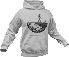 Load image into Gallery viewer, Astronaut mowing the moon printed on a grey hoodie
