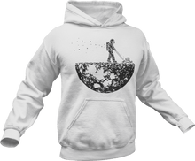 Load image into Gallery viewer, Astronaut mowing the moon printed on a white hoodie
