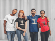 Load image into Gallery viewer, Astronaut on Moon Hiking to Earth printed on a group of friends coloured t-shirts