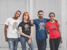Load image into Gallery viewer, Astronaut playing guitar in space printed on a group of friends t-shirts