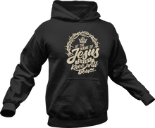Load image into Gallery viewer, At the name of Jesus every knee will bow printed on a black hoodie
