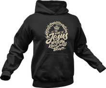 Load image into Gallery viewer, At the name of Jesus every knee will bow printed on a black hoodie