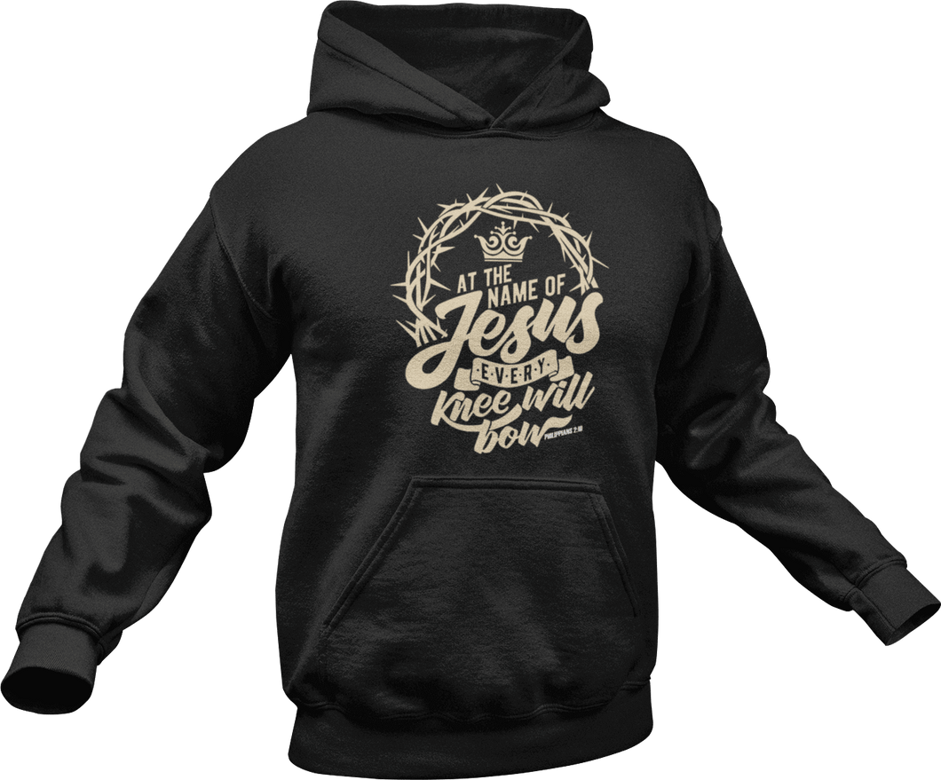 At the name of Jesus every knee will bow printed on a black hoodie
