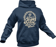 Load image into Gallery viewer, At the name of Jesus every knee will bow printed on a blue hoodie