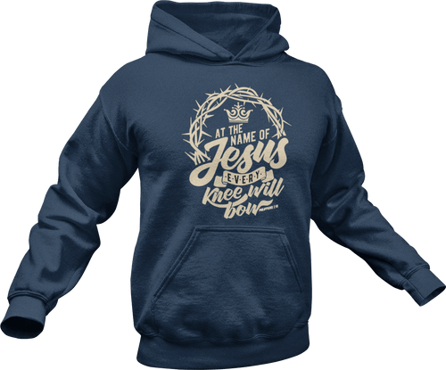 At the name of Jesus every knee will bow printed on a blue hoodie