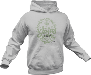 At the name of Jesus every knee will bow printed on a grey hoodie