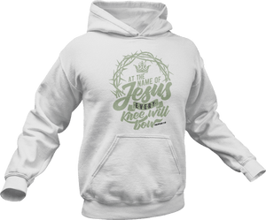 At the name of Jesus every knee will bow printed on a white hoodie